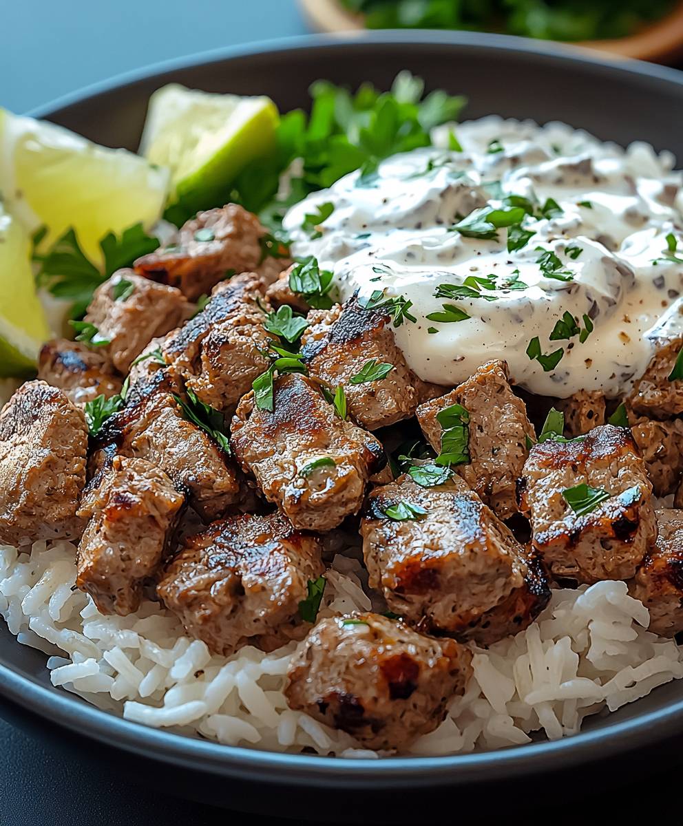 Gyrosstreifen Sauerrahmsauce Reis