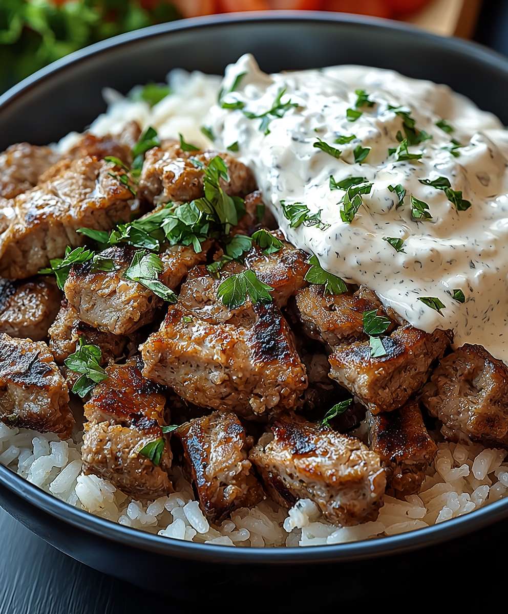 Gyrosstreifen Sauerrahmsauce Reis