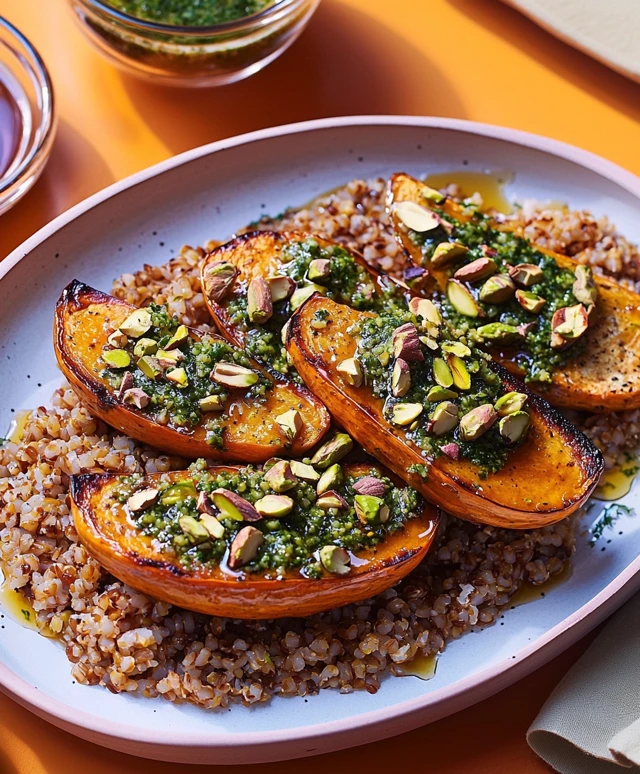 Ahornsirup Kürbisspalten Freekeh Pistazien