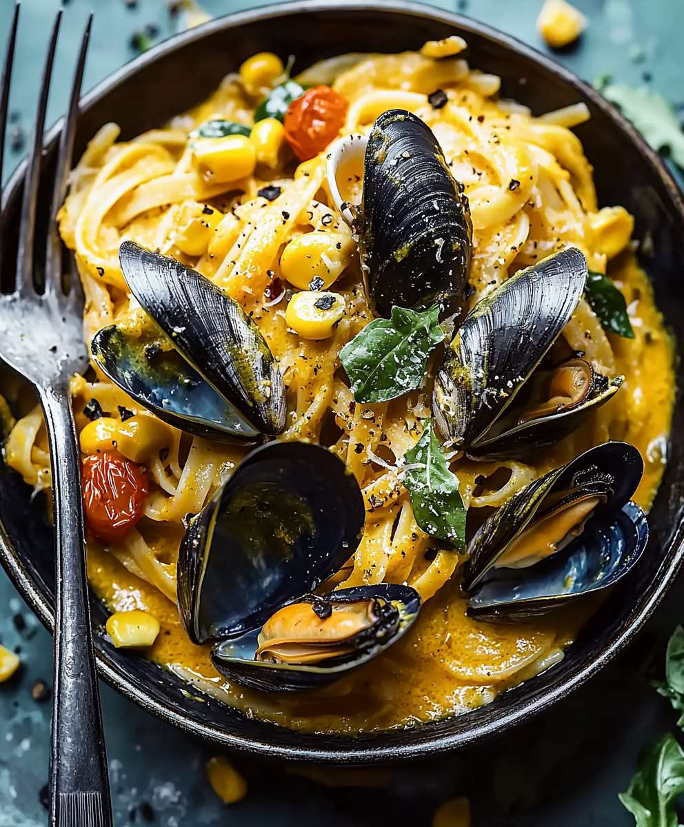 Kokos Curry Pasta Muscheln Mais