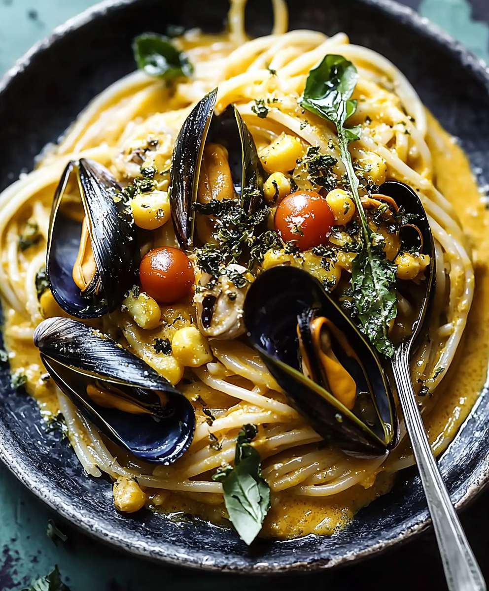 Kokos Curry Pasta Muscheln Mais