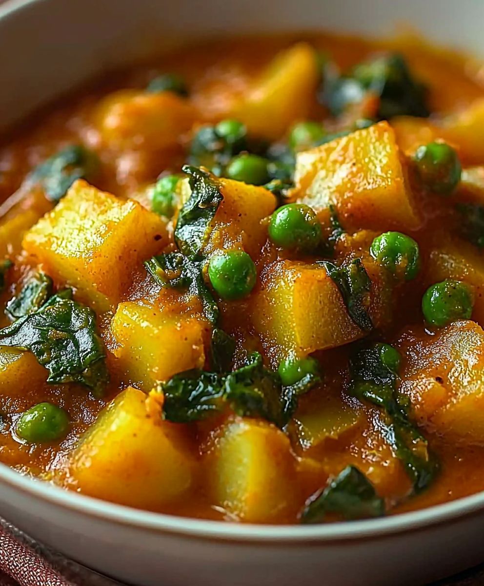 Veganes Kartoffelcurry Spinat Erbsen