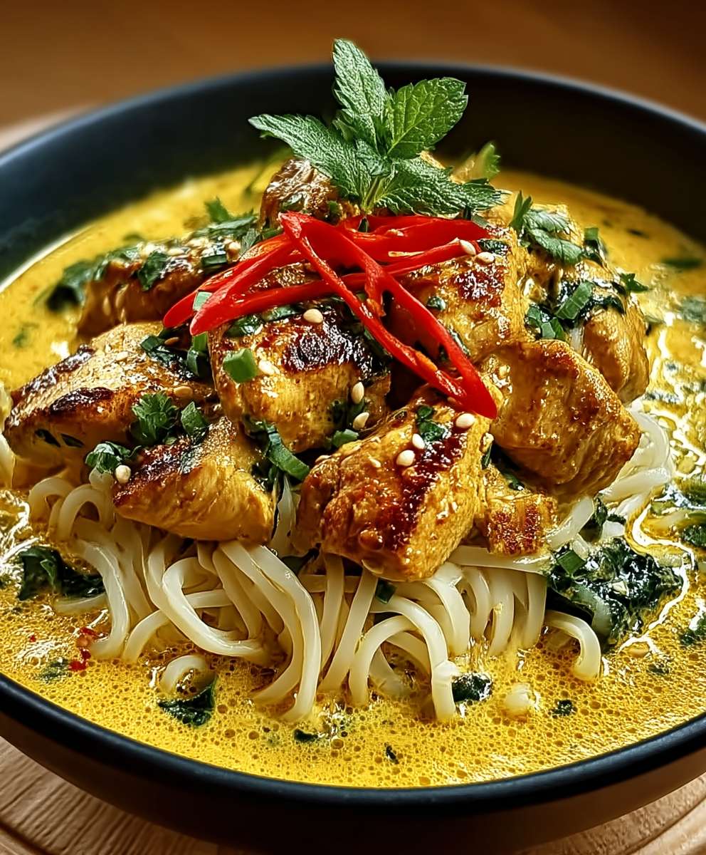 Thailändisches Kurkuma Hähnchen Nudeln