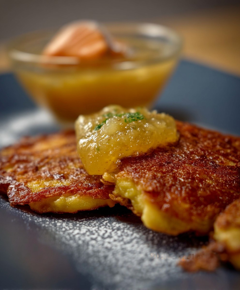 Reibekuchen mit Apfelmus Lachs