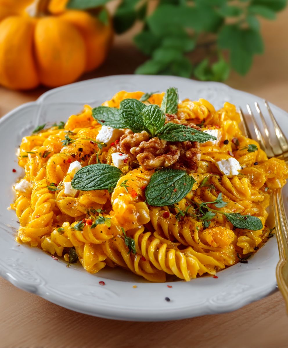 Kürbis Pasta Feta Walnuss