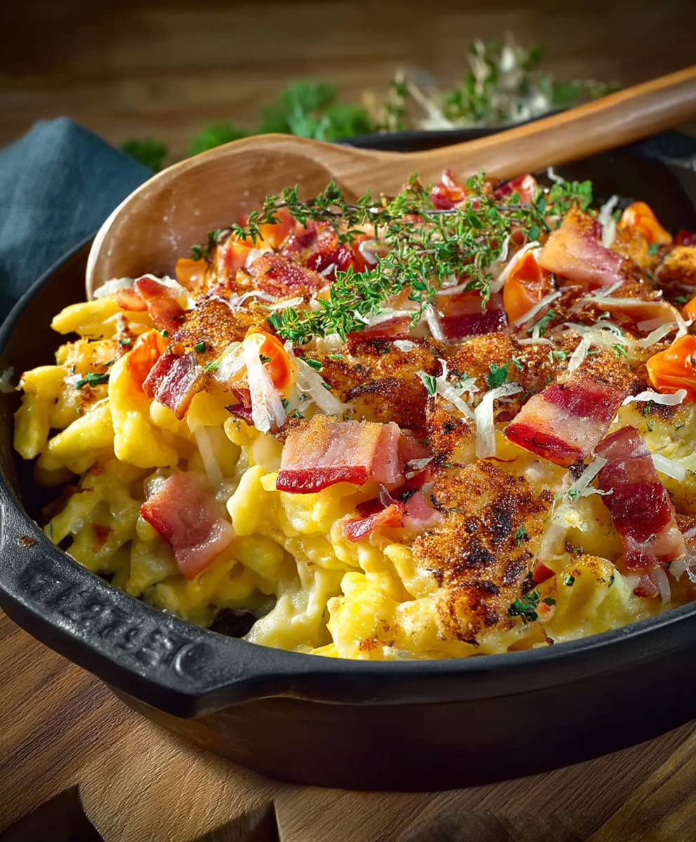 Kässpätzle mit Speck überbacken
