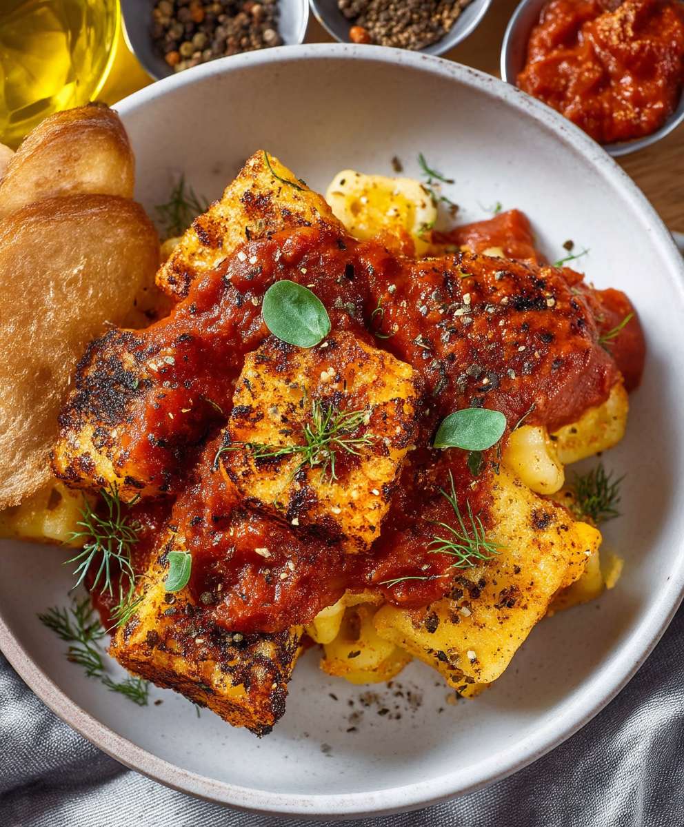 Gebratener Maccaroni Auflauf Tomatensoße