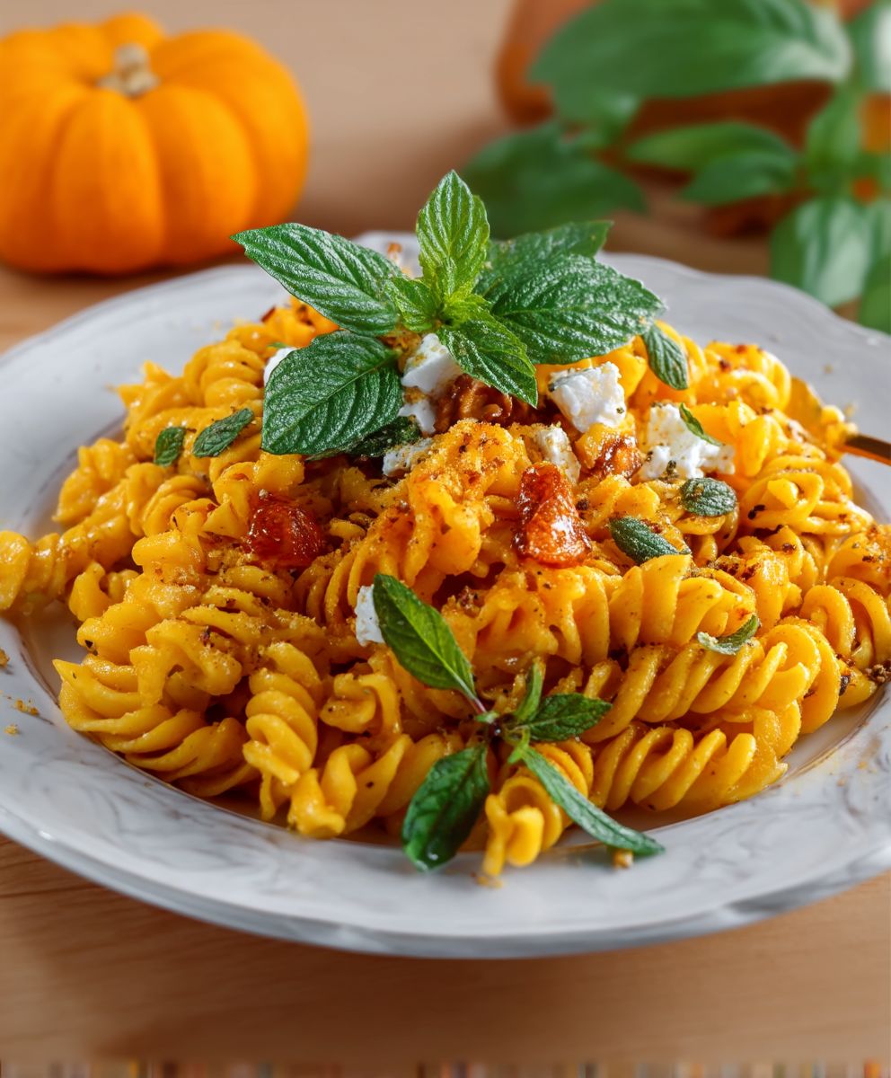 Kürbis Pasta Feta Walnuss