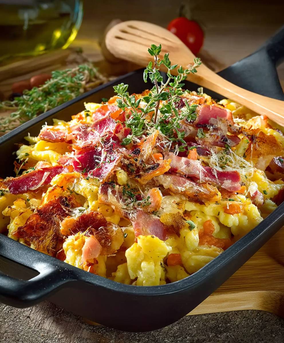 Kässpätzle mit Speck überbacken