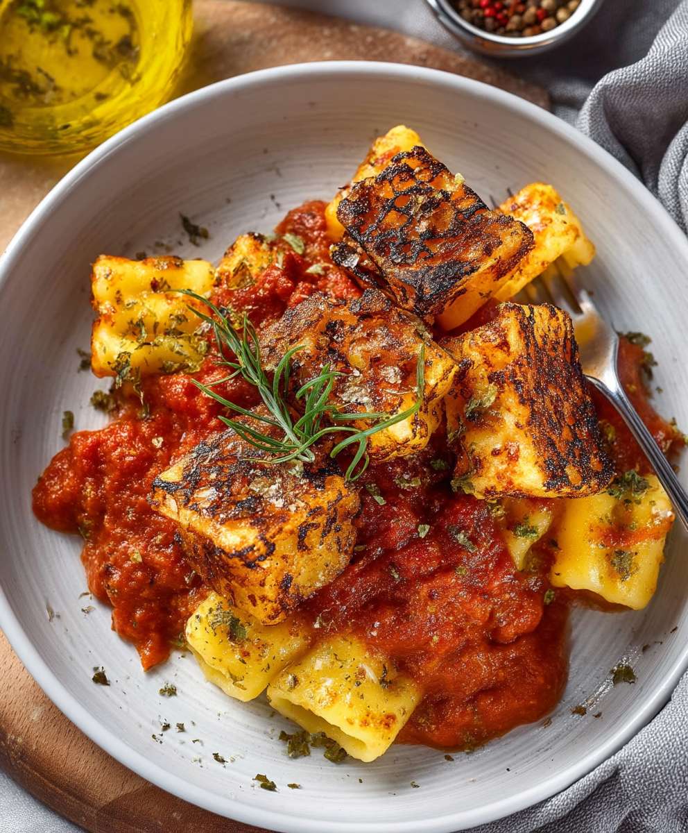Gebratener Maccaroni Auflauf Tomatensoße