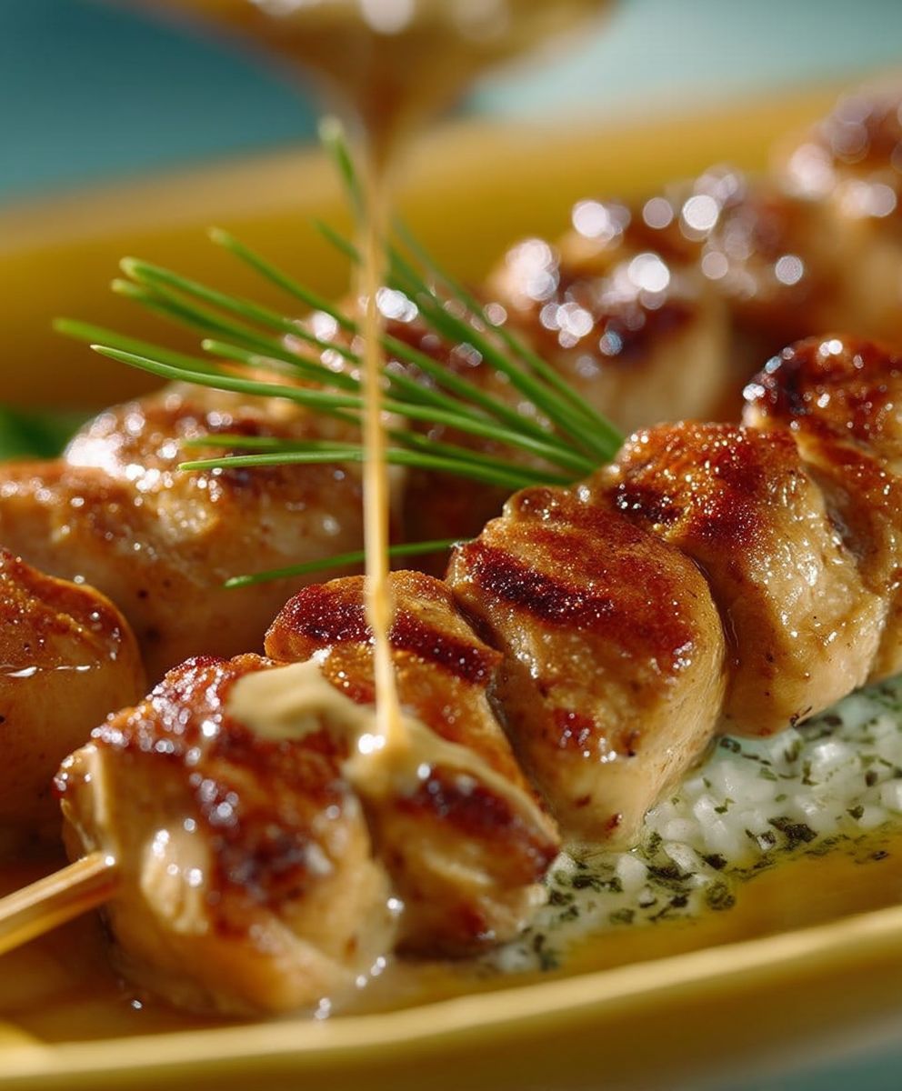 Putenspieß Kokos Erdnuss Sauce