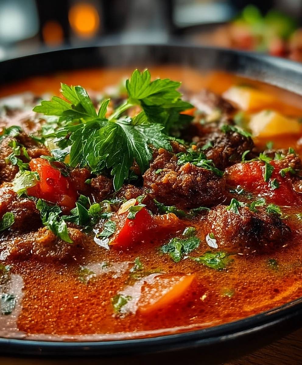 Ajvar Suppe mit Hackfleisch