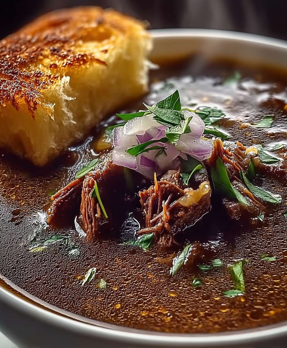 Französische Zwiebelsuppe mit Rindfleisch