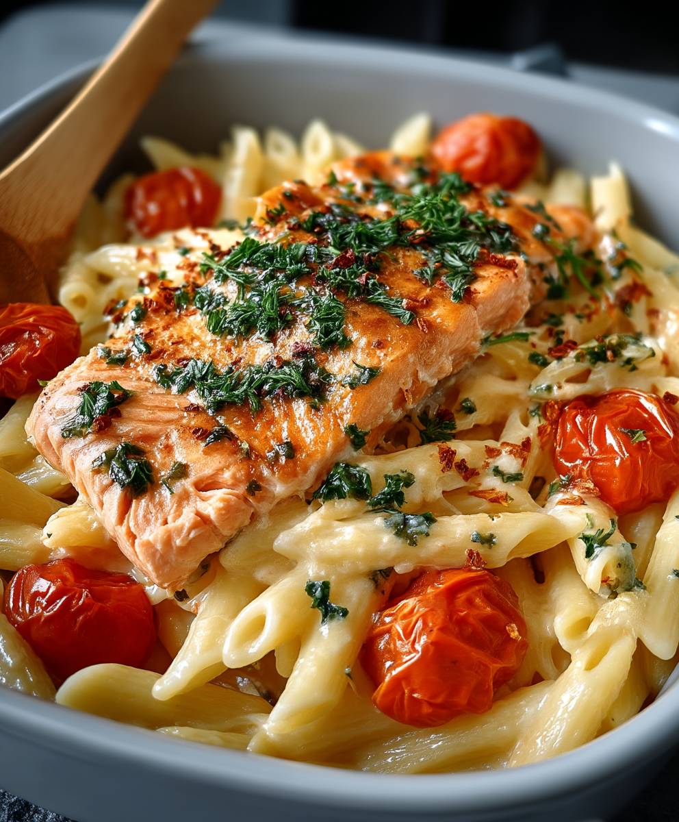 Ofen Lachs Pasta Tomaten
