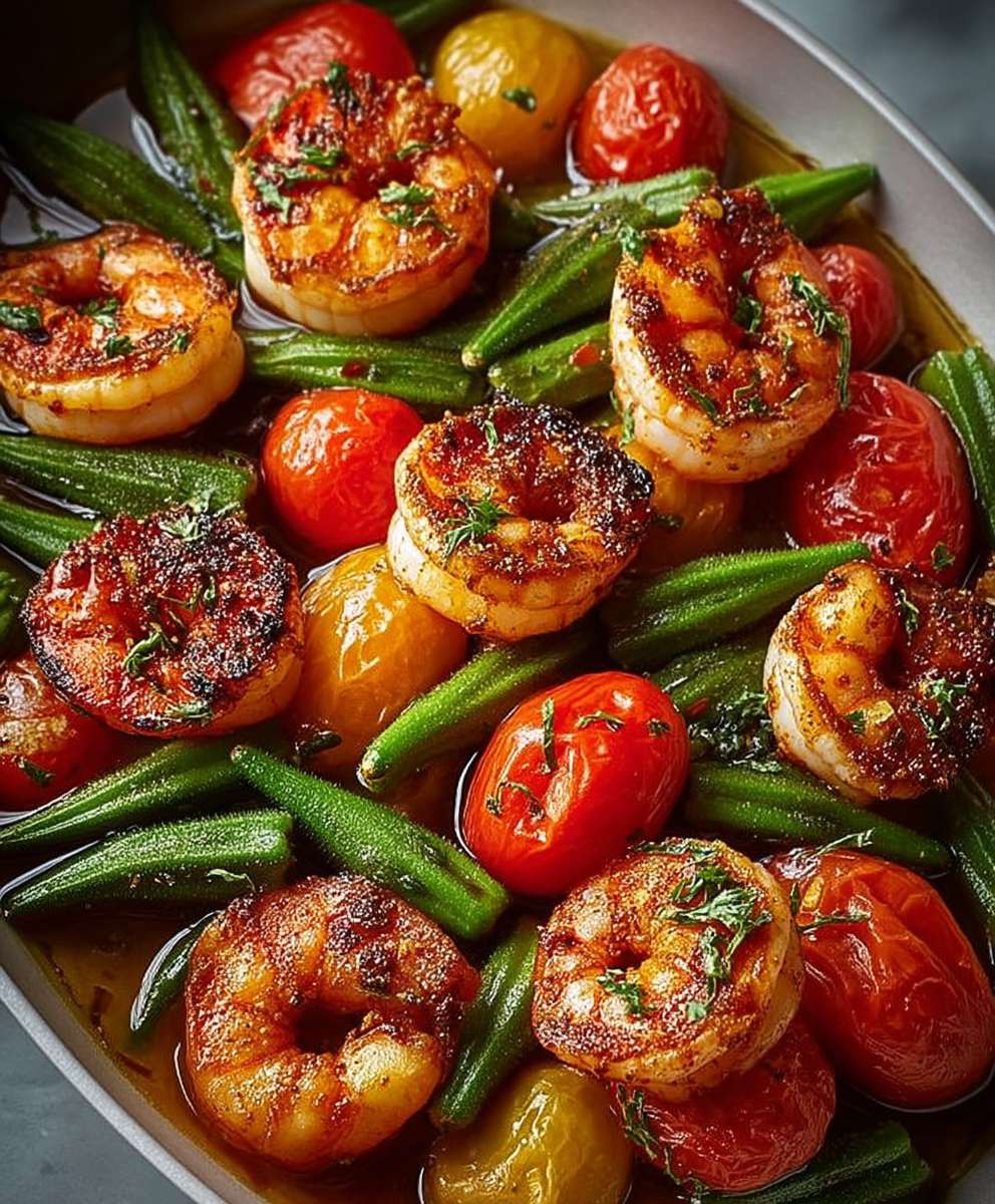 Geröstete Garnelen Okra Tomaten