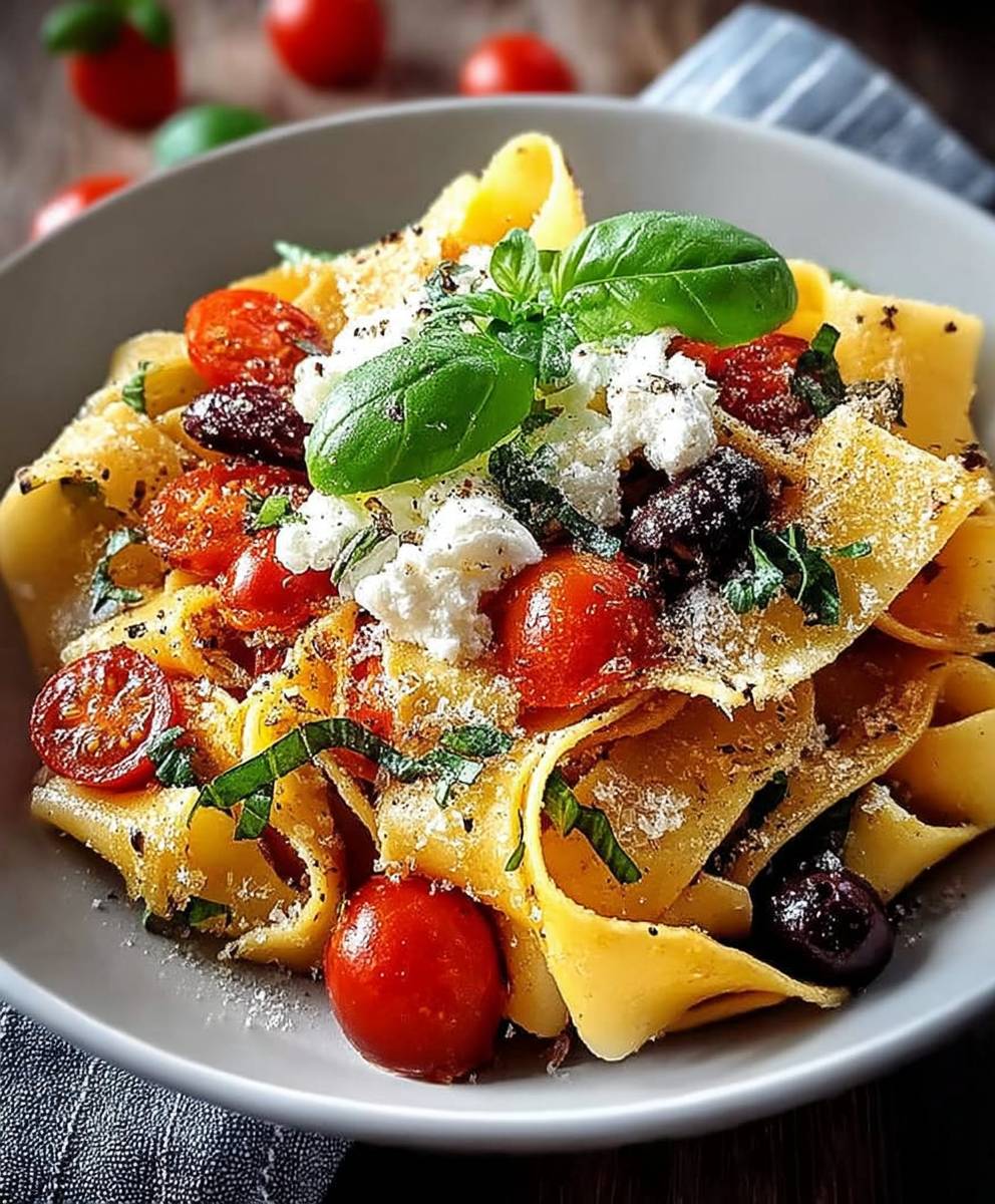 Pappardelle Tomaten Basilikum Ricotta Oliven