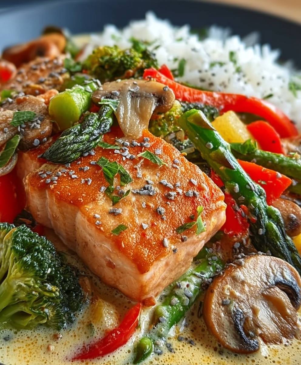 Kokos Lachs Gemüsepfanne Abendessen
