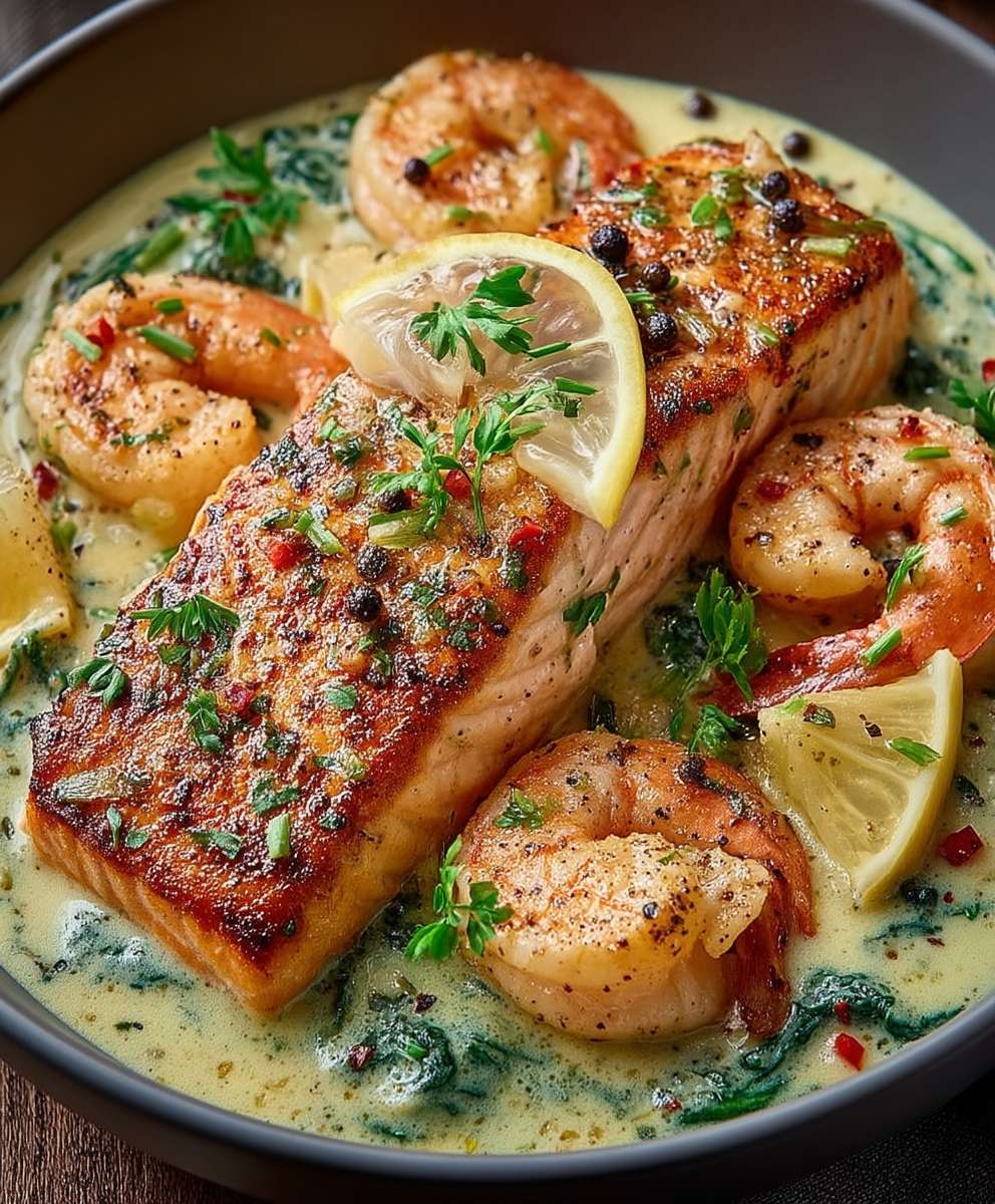 Lachs Garnelen Knoblauchsauce