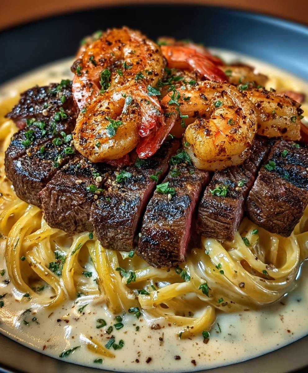 Cajun Garnelen Steak Alfredo Pasta