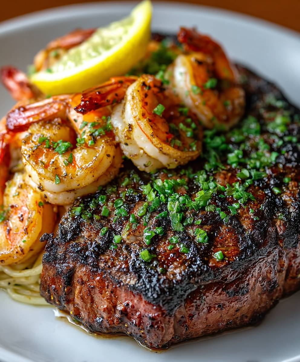 Schwarzgebratenes Steak Garnelen Scampi
