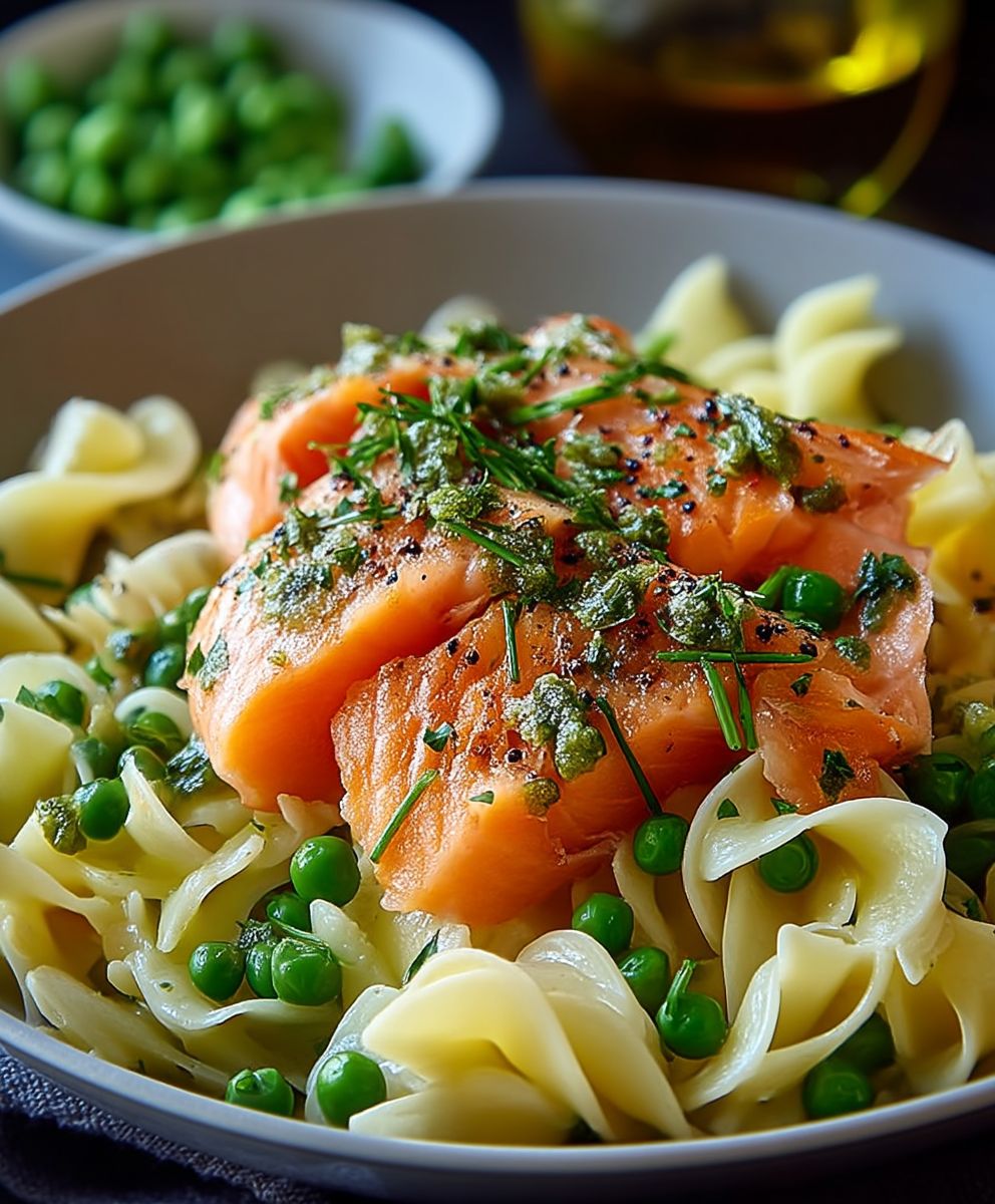 Lachs Pasta mit Erbsen