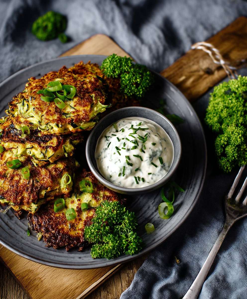 Zucchinipuffer mit Schmand Dip