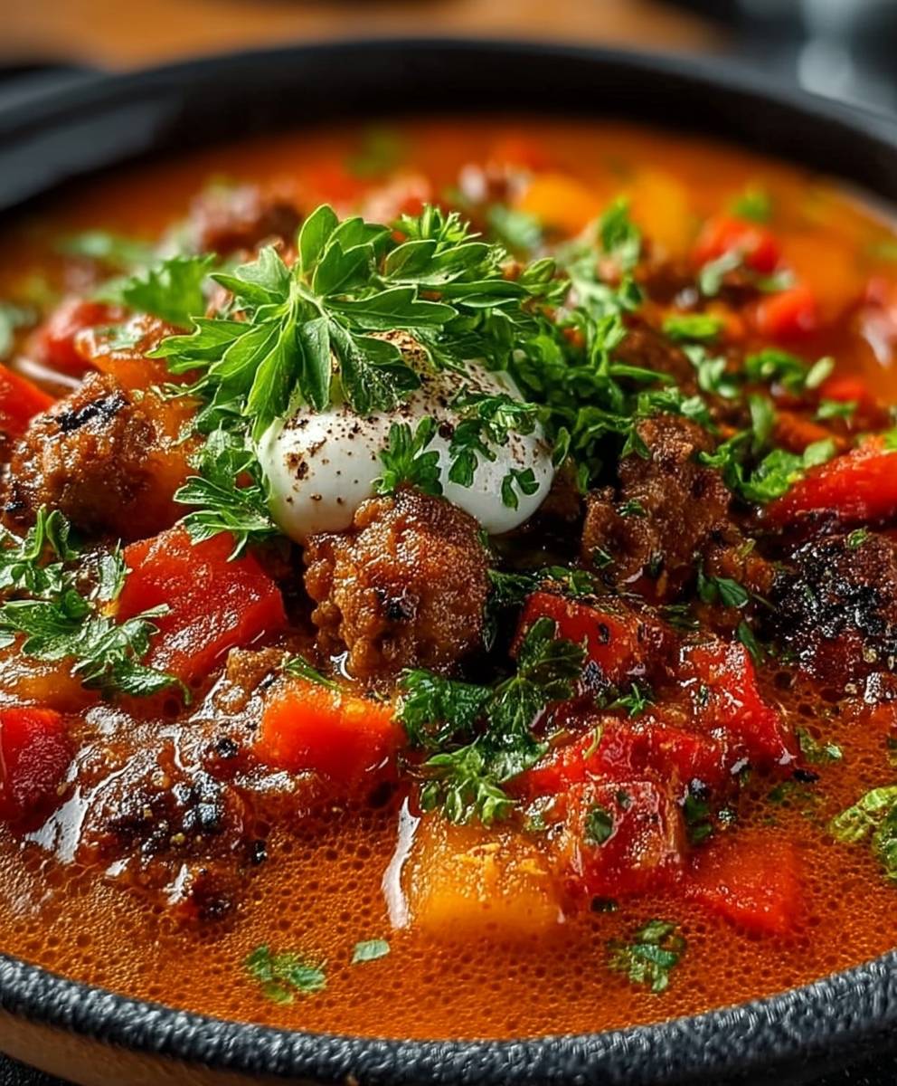 Ajvar Suppe mit Hackfleisch