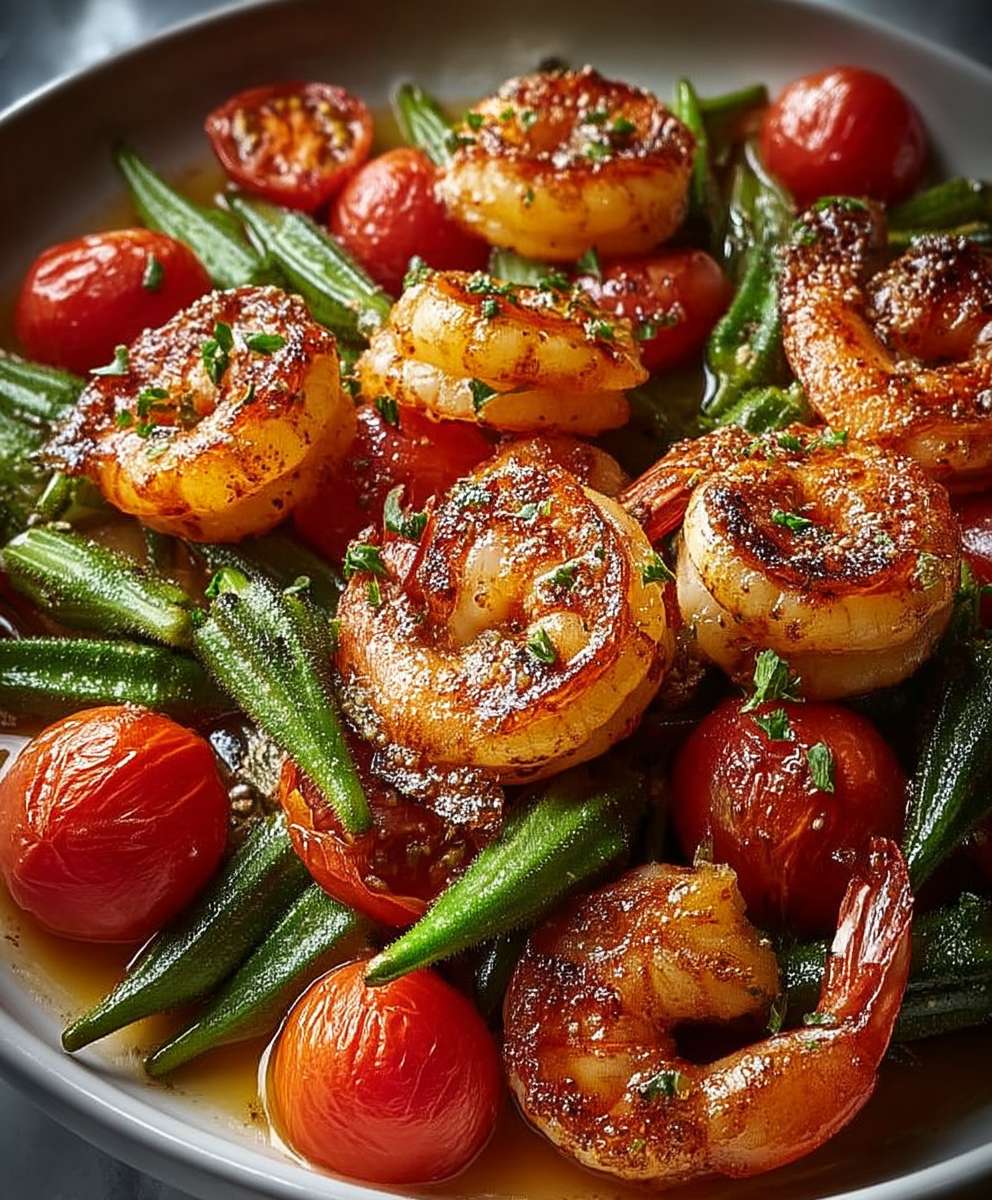 Geröstete Garnelen Okra Tomaten