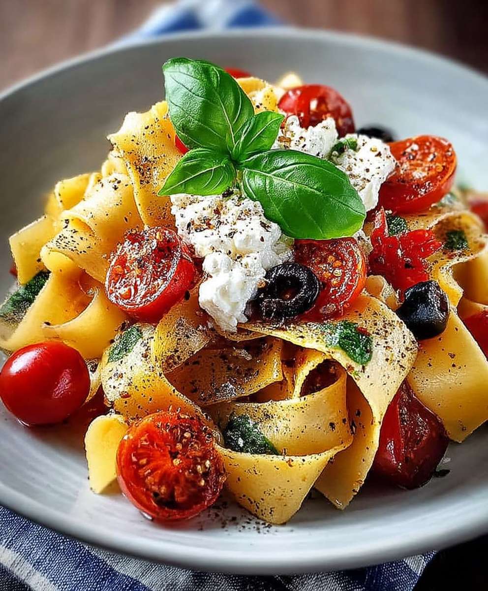 Pappardelle Tomaten Basilikum Ricotta Oliven