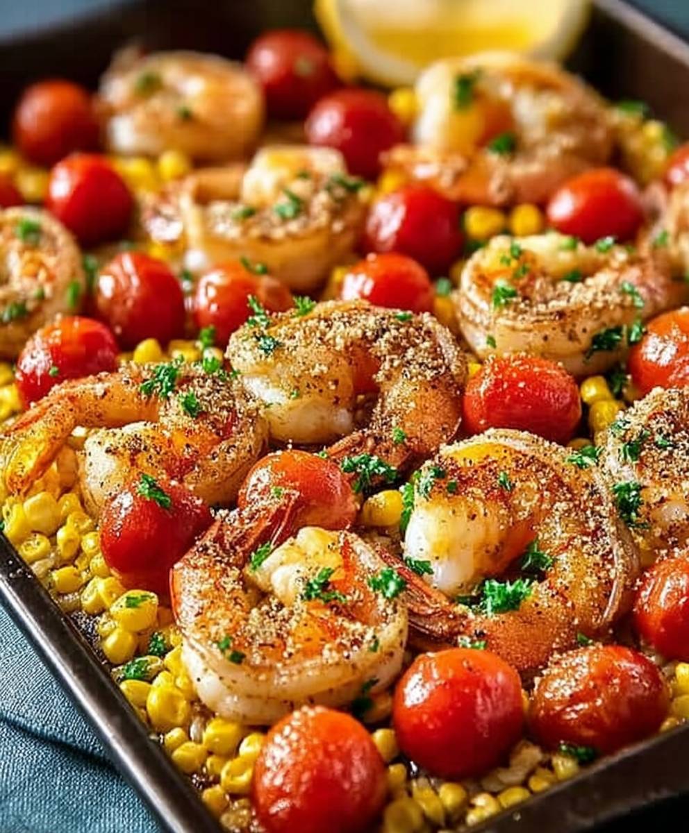 Backblech Garnelen Mais Tomaten