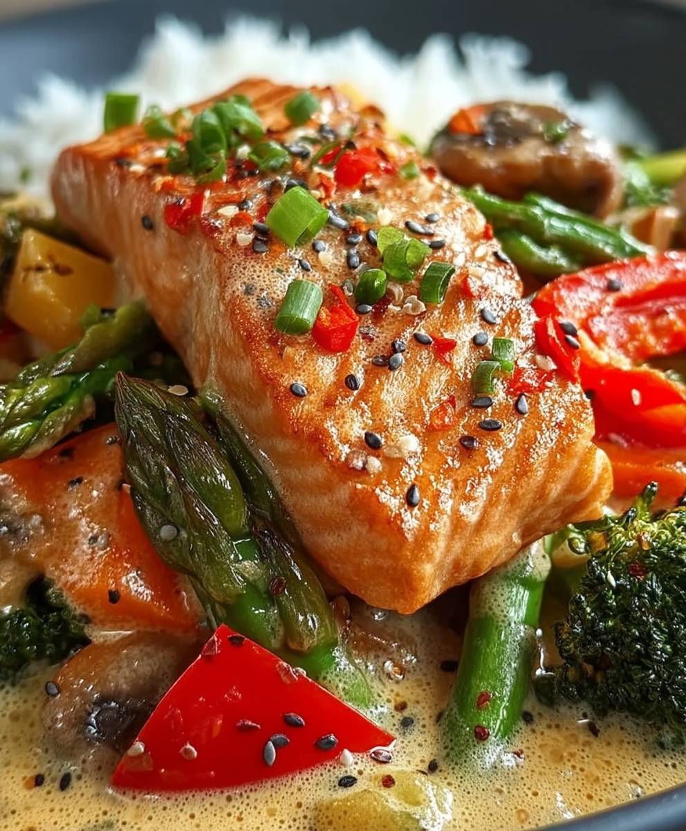 Kokos Lachs Gemüsepfanne Abendessen