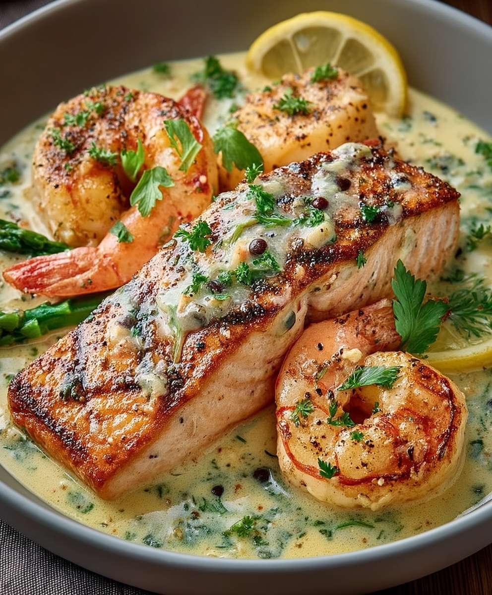 Lachs Garnelen Knoblauchsauce