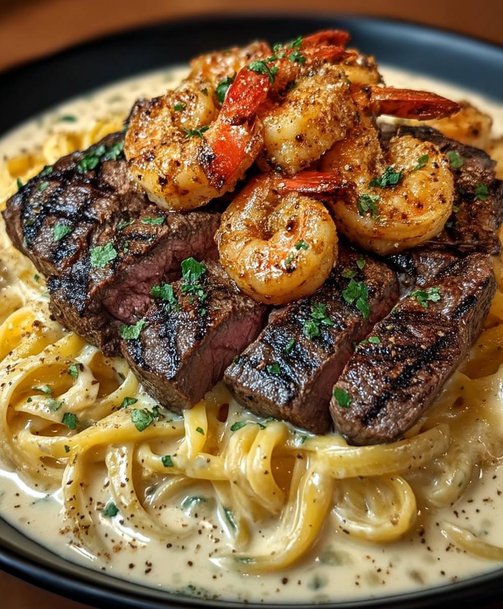 Cajun Garnelen Steak Alfredo Pasta