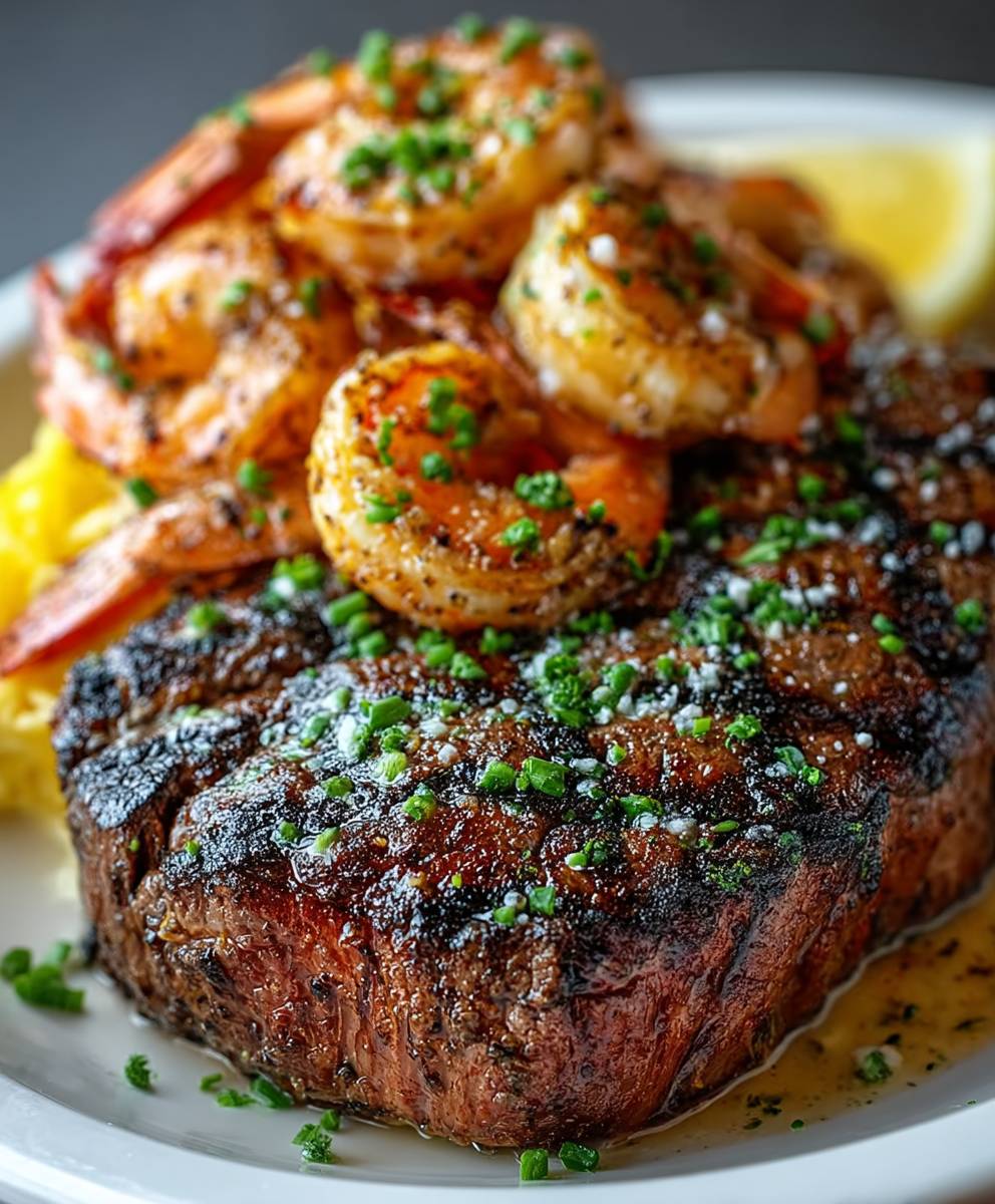 Schwarzgebratenes Steak Garnelen Scampi