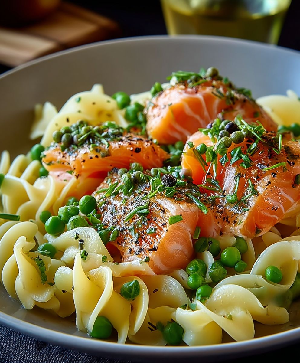 Lachs Pasta mit Erbsen