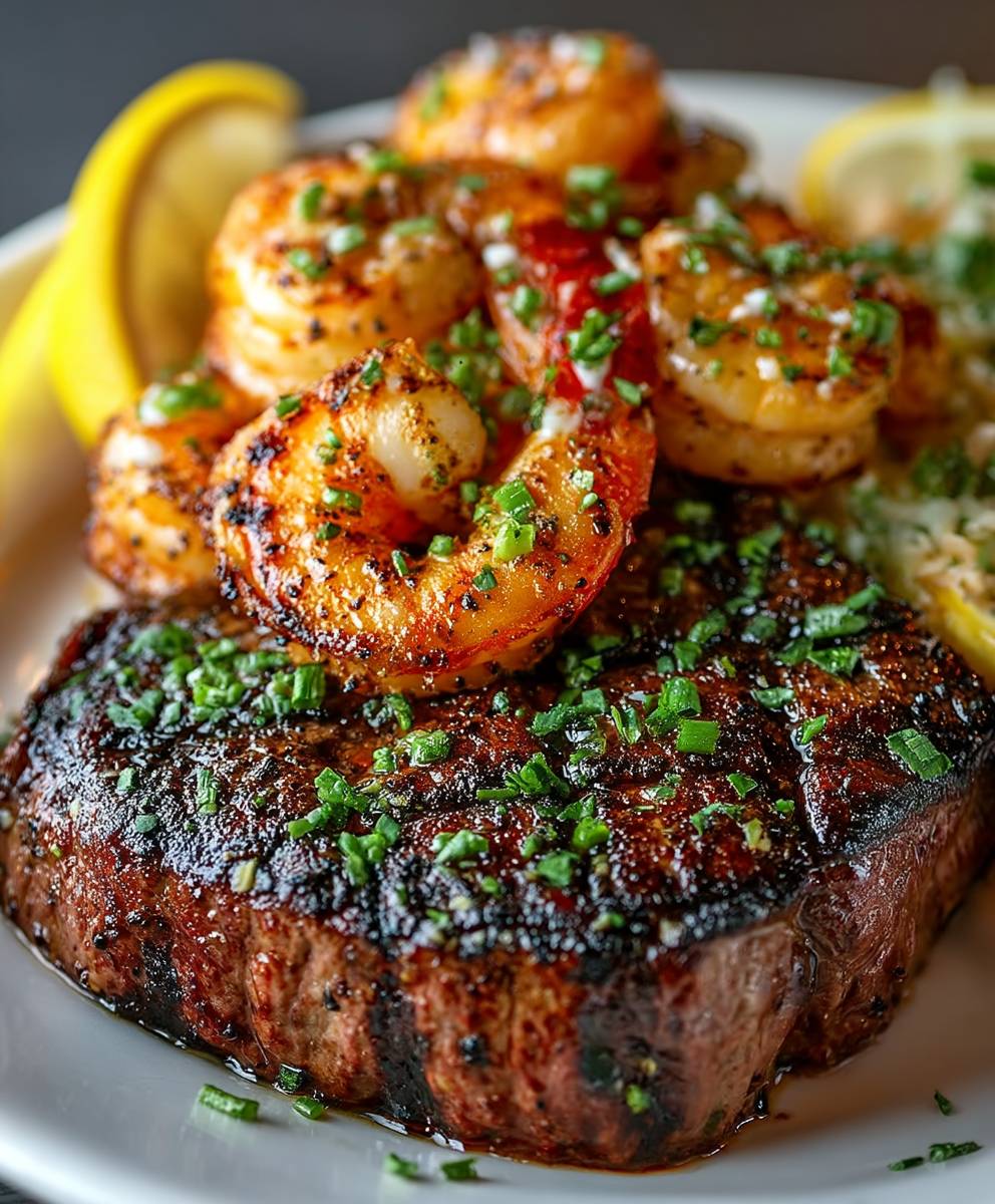 Schwarzgebratenes Steak Garnelen Scampi