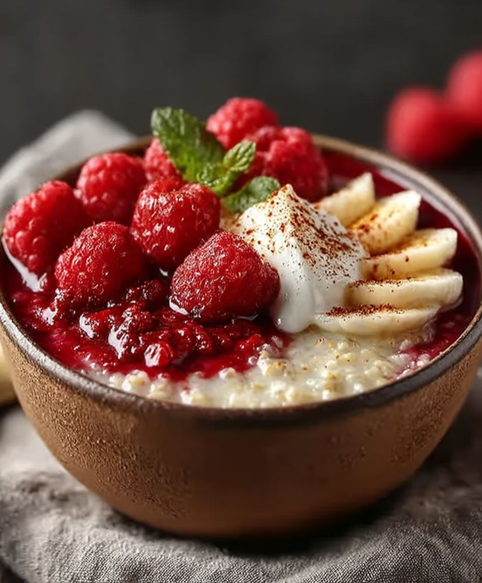 Hirsebrei mit Himbeeren