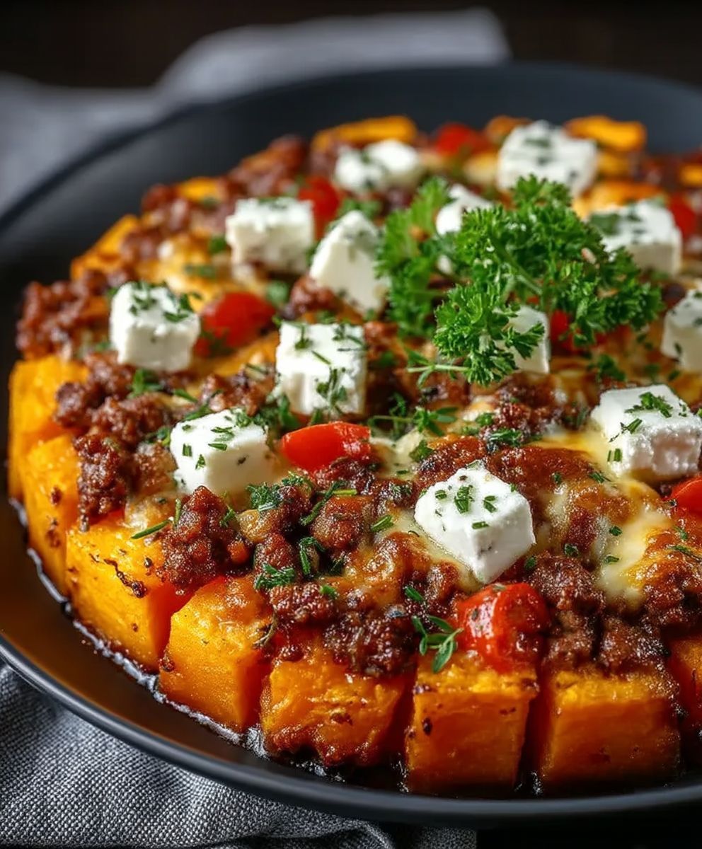 Süßkartoffel Hackfleisch Auflauf Feta