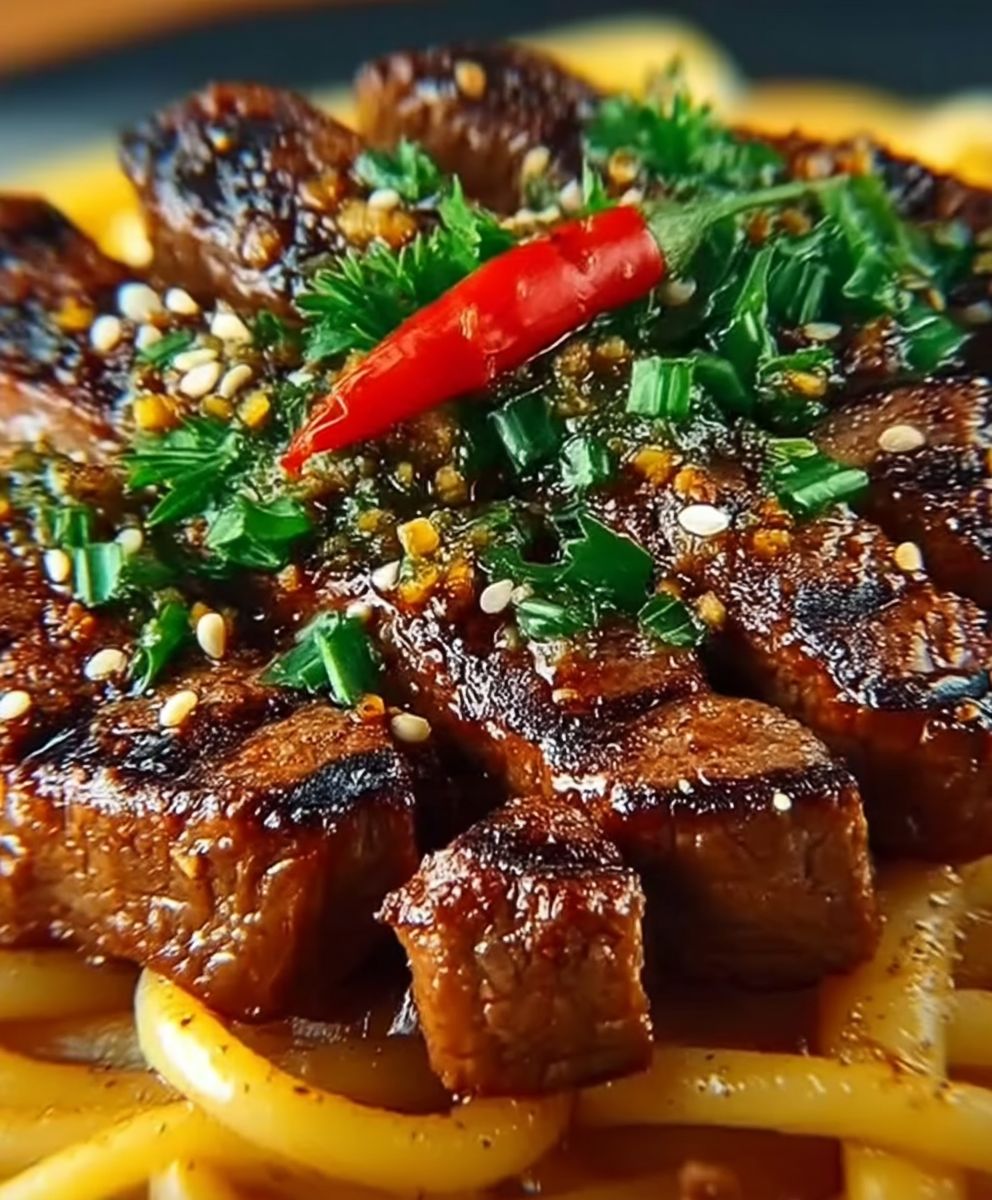 Knoblauchsteak Pasta süß scharf