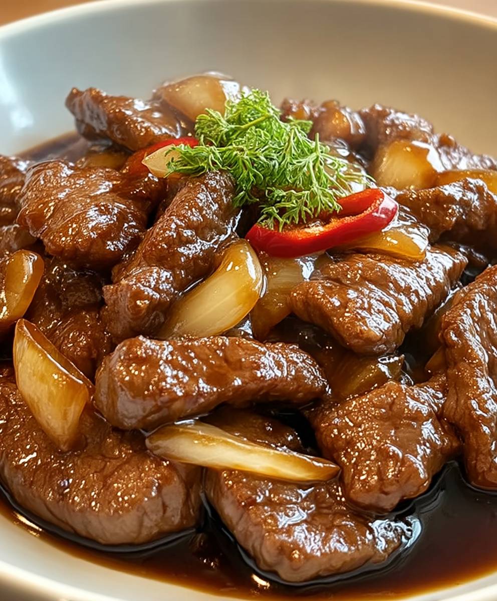 Karamellisiertes Rindfleisch Zwiebeln Sojasauce