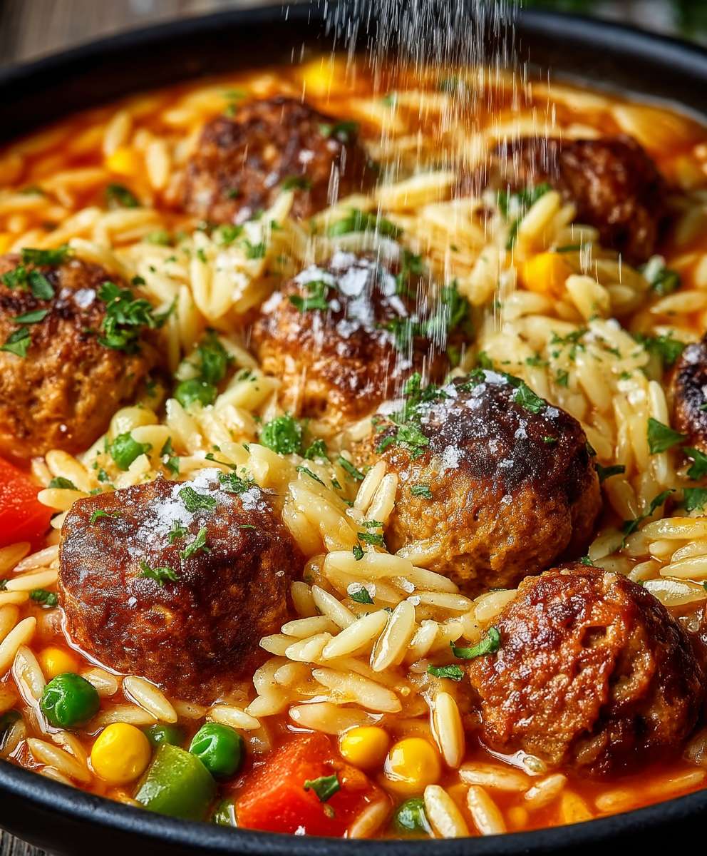 Orzo Pfanne mit Hackbällchen