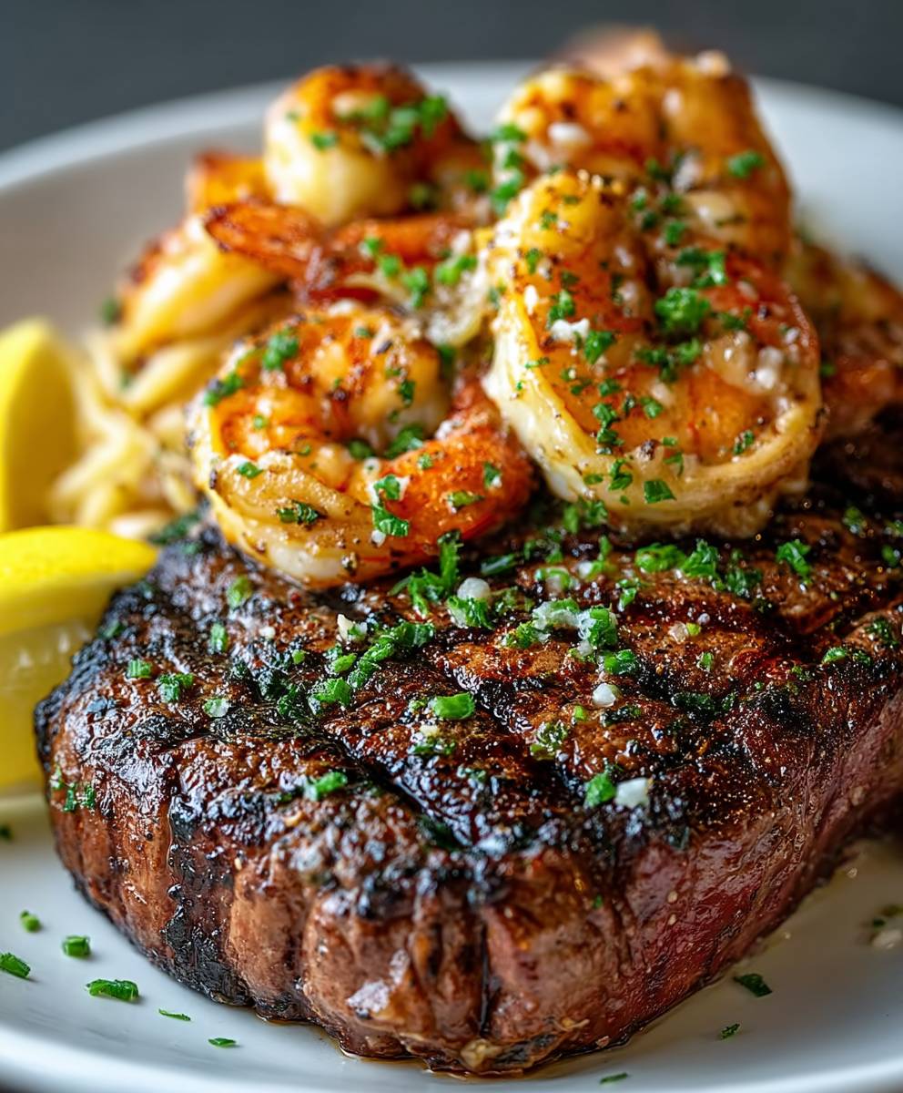 Schwarzgebratenes Steak Garnelen Scampi