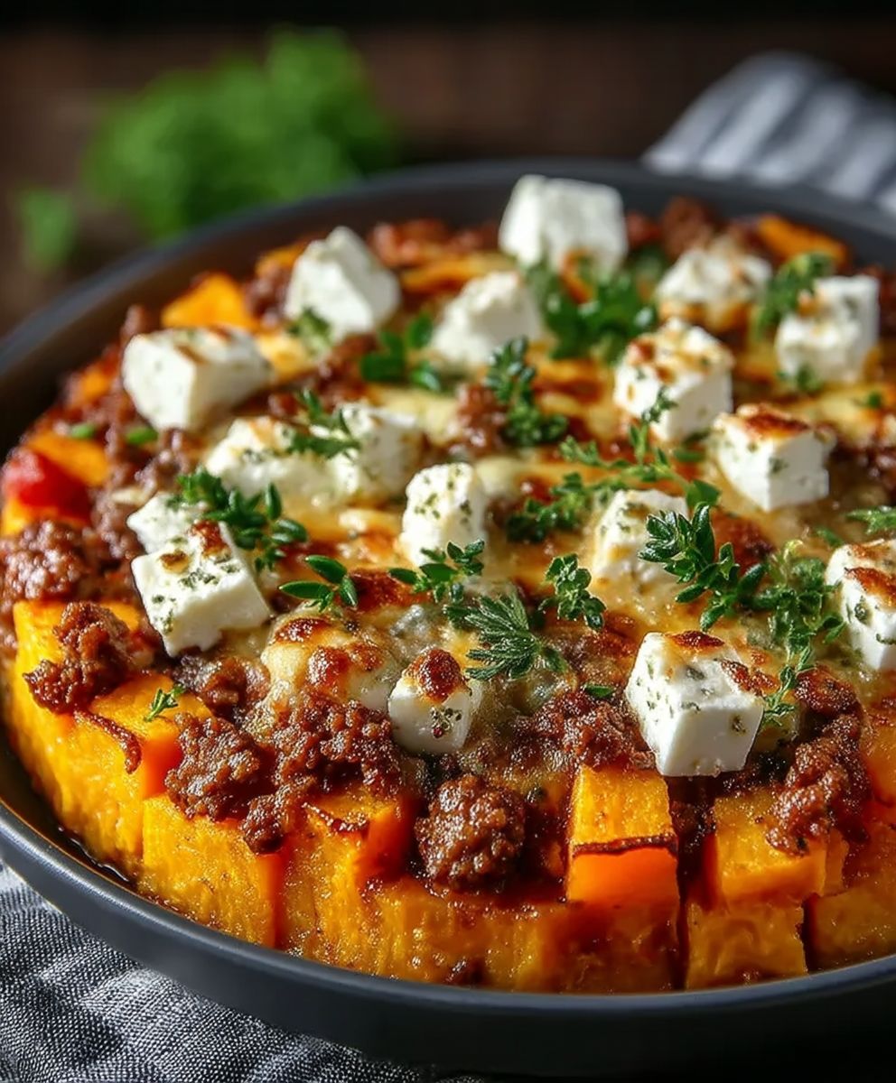 Süßkartoffel Hackfleisch Auflauf Feta