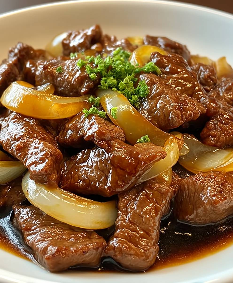Karamellisiertes Rindfleisch Zwiebeln Sojasauce