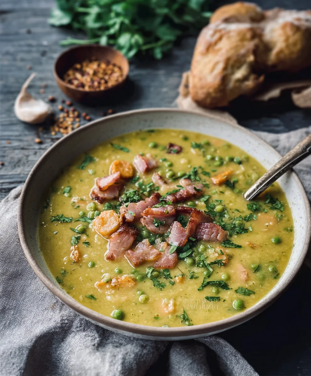 Cremige Erbsensuppe mit knusprigem Rinderspeck – Einfach lecker!