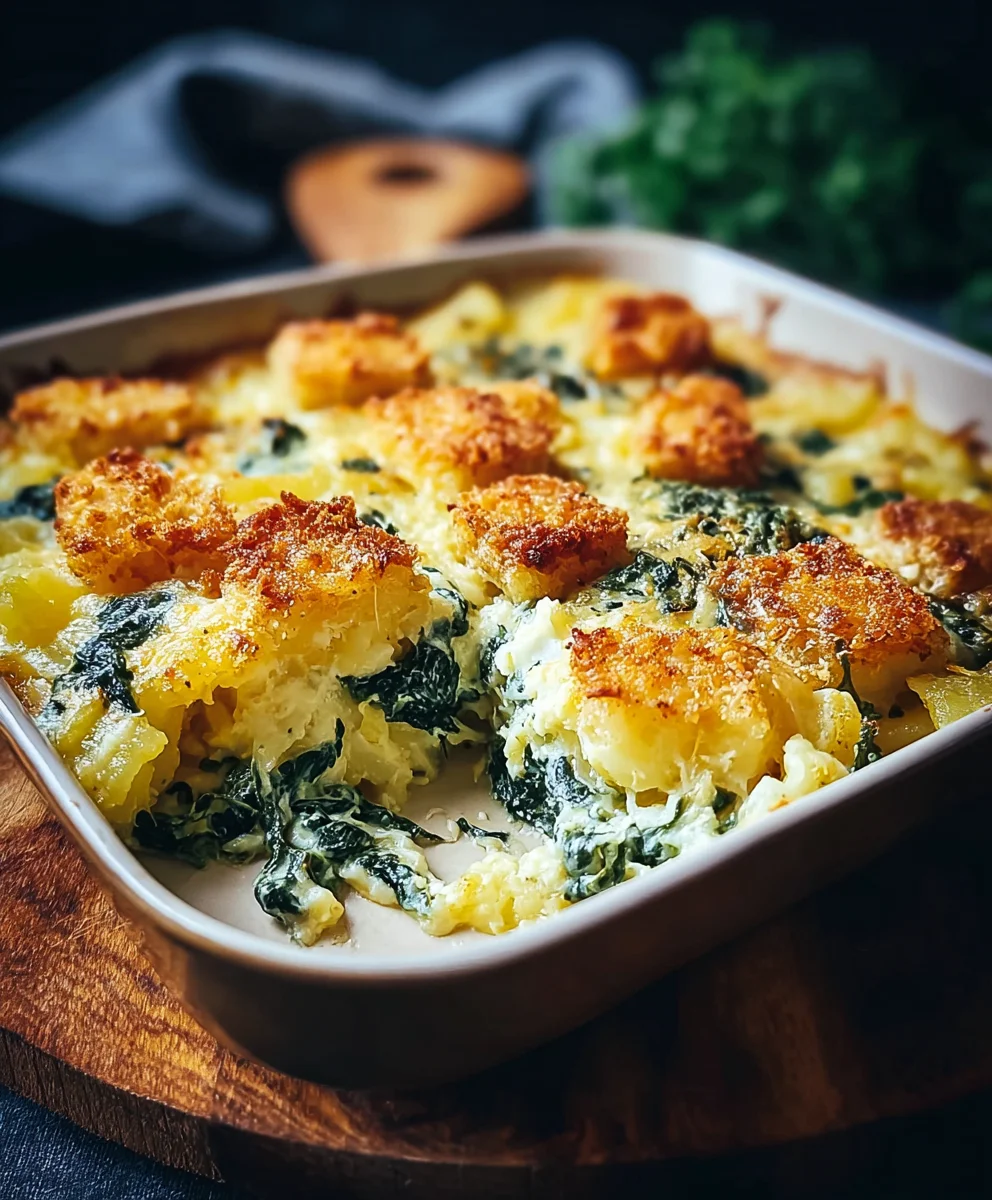 Blitzschneller Fischstäbchen Auflauf mit Kartoffeln & Spinat