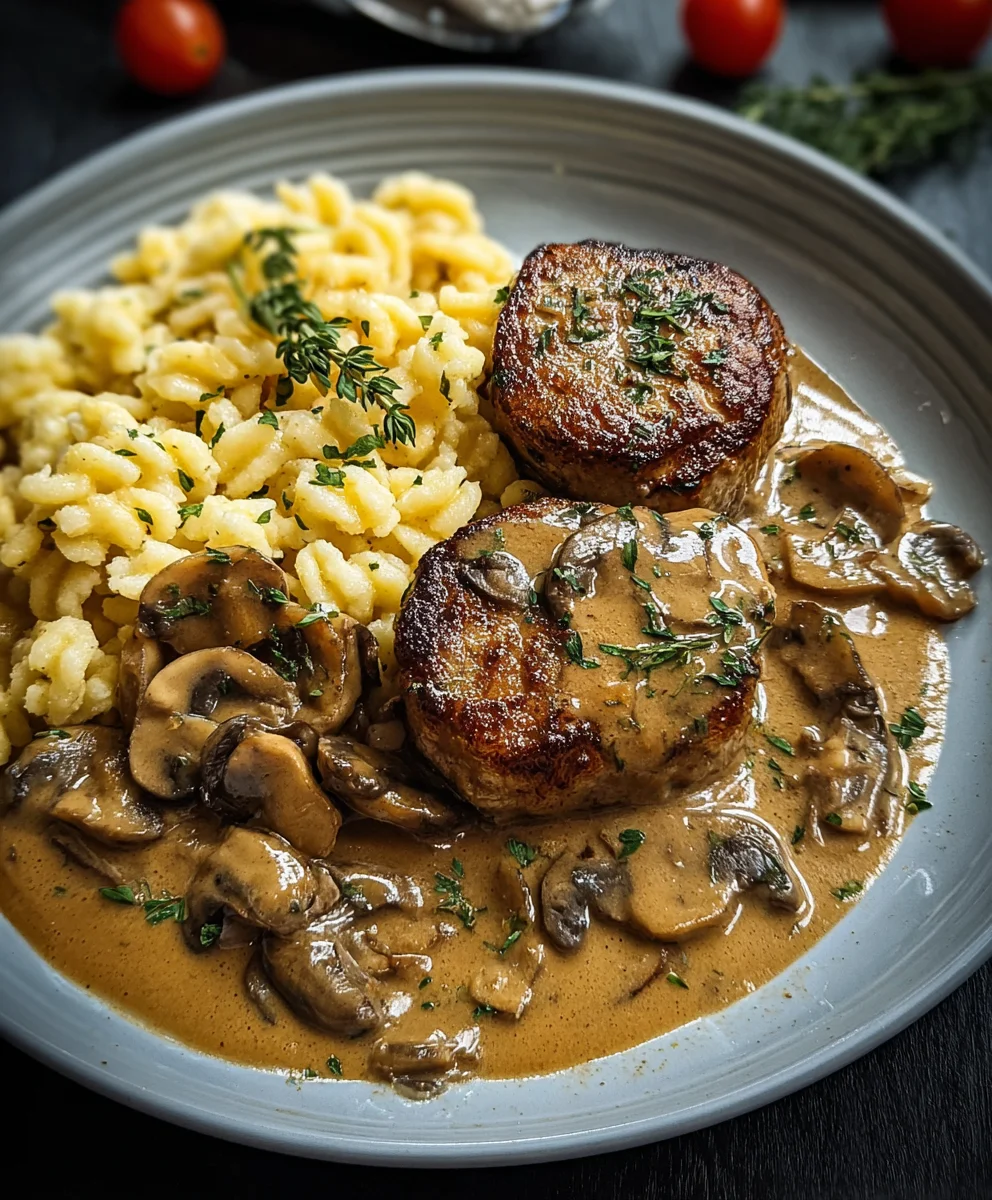 Beef Medaillons in cremiger Champignon Rahmsoße mit Spätzle