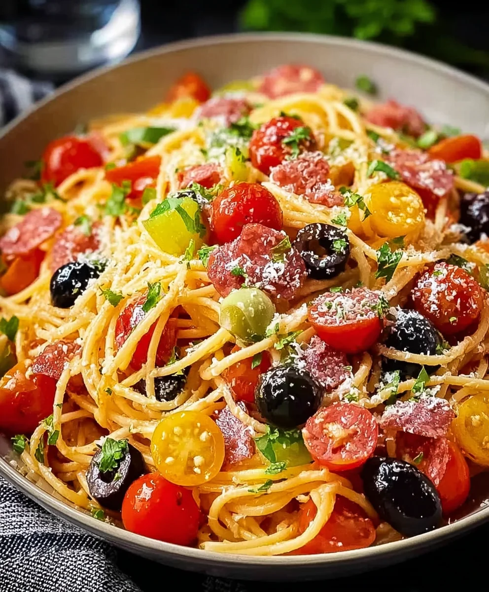 Spaghettisalat Tomaten Oliven Beef Salami