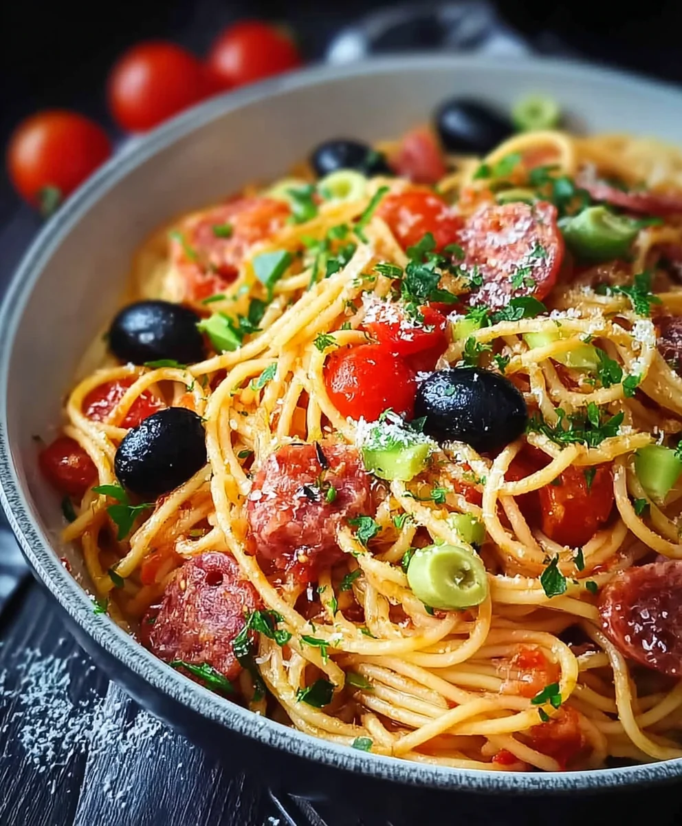 Spaghettisalat Tomaten Oliven Beef Salami