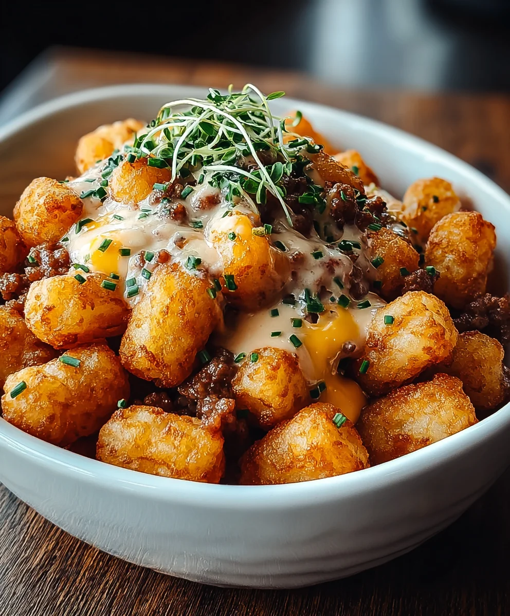 Tater Tot Frühstücksbowl mit Rinderhackfleischsoße